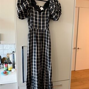 Cleobella Black and White Plaid Puff-Sleeve Maxi Dress